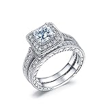 NEWBARK 18k White Gold Plated Princess Cut CZ Diamond Band Ring Sets, 1.25ct, Size 5.5 to 11