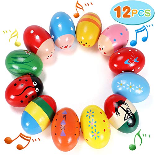 12 PCS Wooden Egg Shakers 3" Percussion Musical Egg Easter Eggs Kids Toys for Party Favors, Easter Basket Stuffers, Easter Egg Fillers, Easter Hunt , Classroom Prize Supplies, Easter Gifts