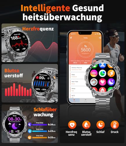 LIGE Men's Military Smartwatch 1000 mAh Large Battery, 1.7 Inch HD Large Display with Phone Function, LED Torch Fitness Watch with 110+ Sports Modes, Heart/Sleep Tracking, IP68 Sports Watch iOS