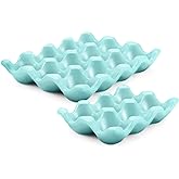 Flexzion 12 + 6 Cups Ceramic Egg Holder for Fridge - 18 Porcelain Egg Tray Container Keeper Storage Organizer Decorative Serving Stand Serveware for Refrigerator Countertop Display Kitchen (Blue)