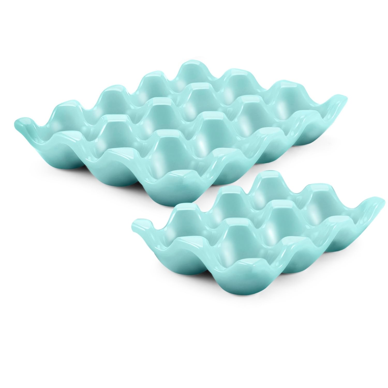 Flexzion 12 + 6 Cups Ceramic Egg Holder for Fridge - 18 Porcelain Egg Tray Container Keeper Storage Organizer Decorative Serving Stand Serveware for Refrigerator Countertop Display Kitchen (Blue)