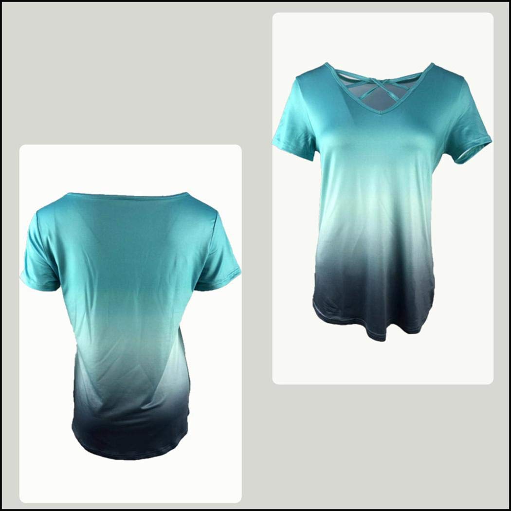 UpBeauty Women V Neck Crossover Gradient Printed T-Shirt Short Sleeve Top Knits & Tees Light Green