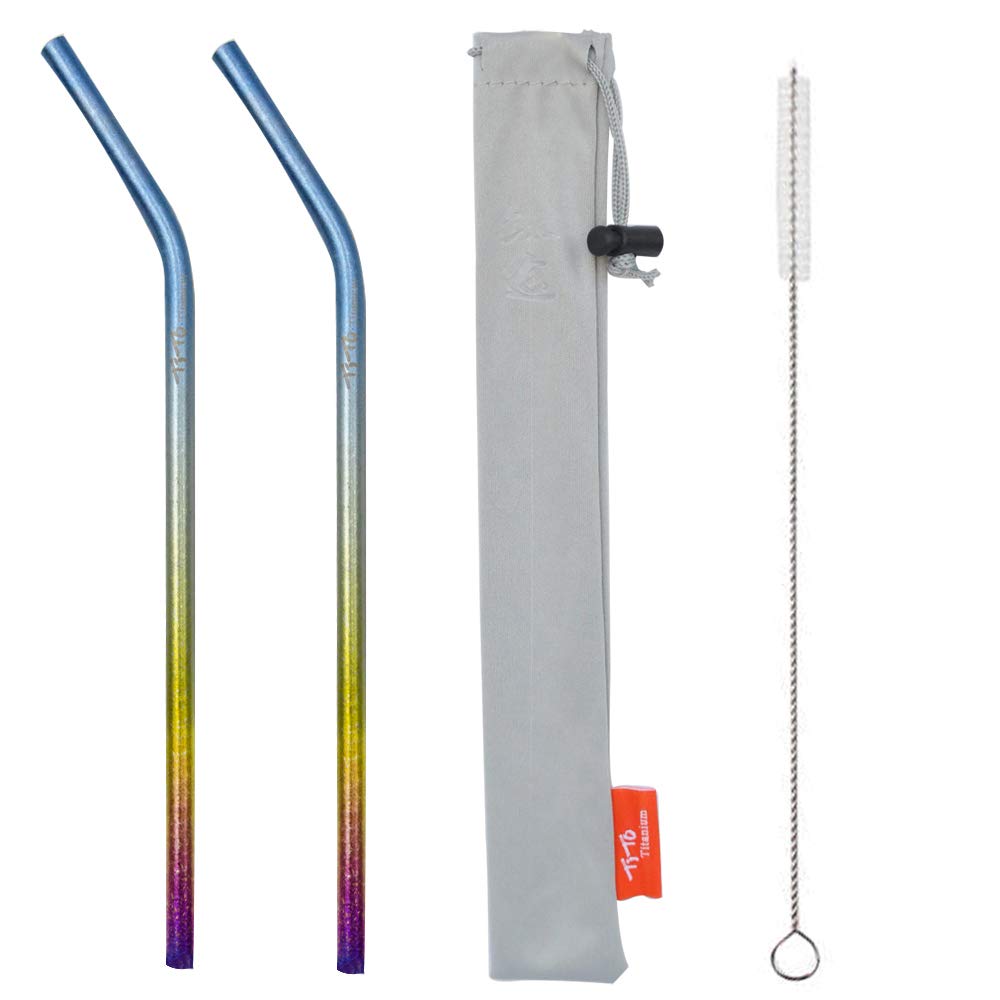 TiTo 2Pcs Titanium Metal Straw Reusable Colorful Ultralight Drinking Straws with Cleaning Brush and Bag for Smoothie, Milkshake, Cocktail and Hot Drinks(Multicolour, Bent)