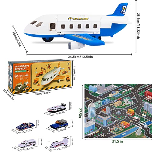 Airplane Toy，Transport Cargo Airplane Car Toy Play Set for 3+ Years Old Boys and Girls,Kids Airplane Toy with 4 Pcs Metal Fire Trucks Toy Cars (Blue)