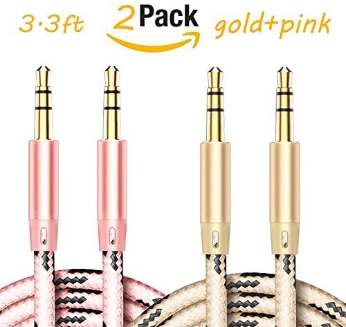 2 Pack Aux Cable, 3.3FT Aluminum Shell Nylon braided Car Auxiliary Audio Cable Cord Headphone Connect Cable for Apple, Android Smartphone, Tablet and MP3 Player (gold&amp;pink)