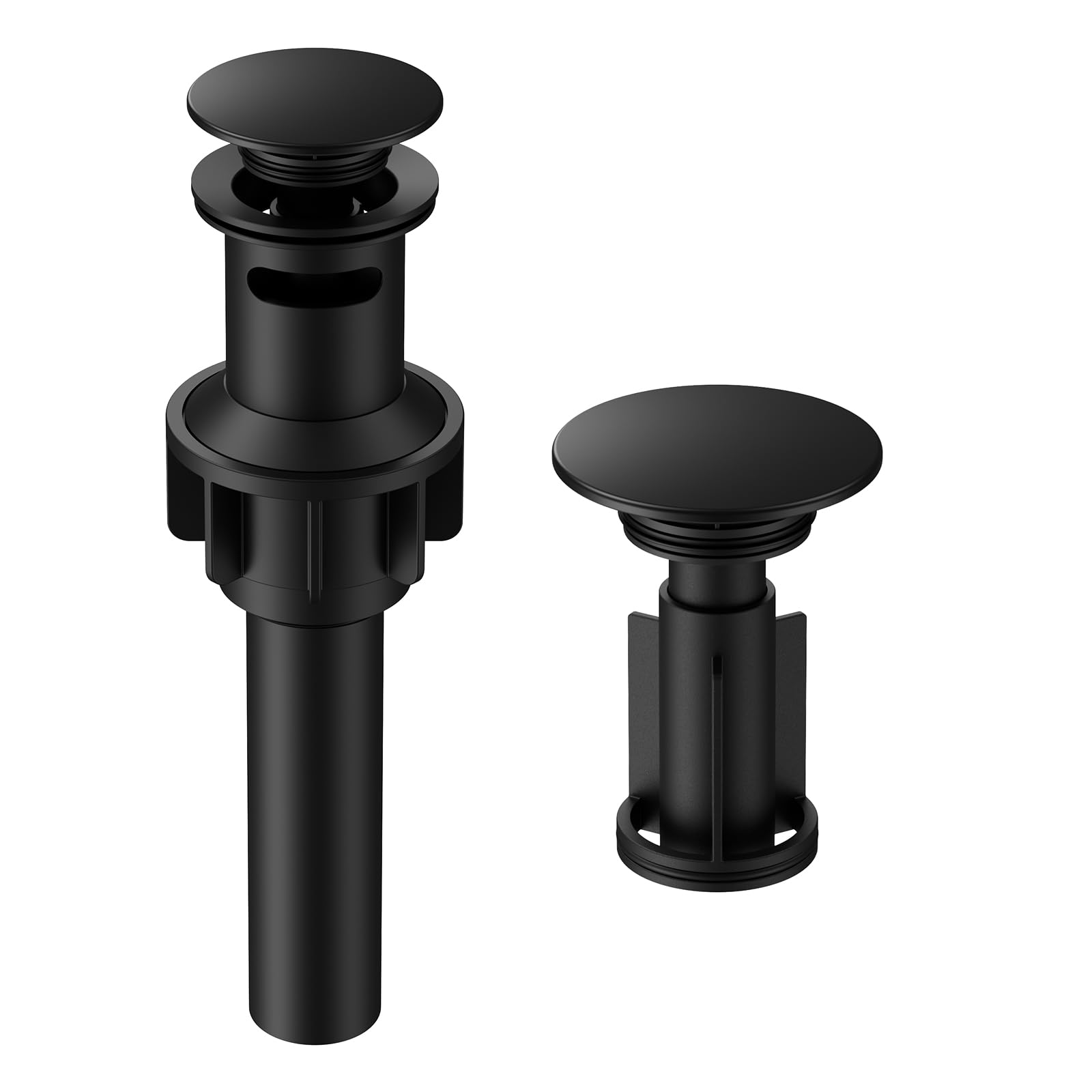 Photo 1 of Bathroom Sink Drain with Overflow, Hurran Matte Black Bathroom Sink Stopper for Bathroom Vanity Vessel Sink, Rapid Draining Plastic Pop-up Sink Drain with Hair Catcher Anti-Clog Strainer