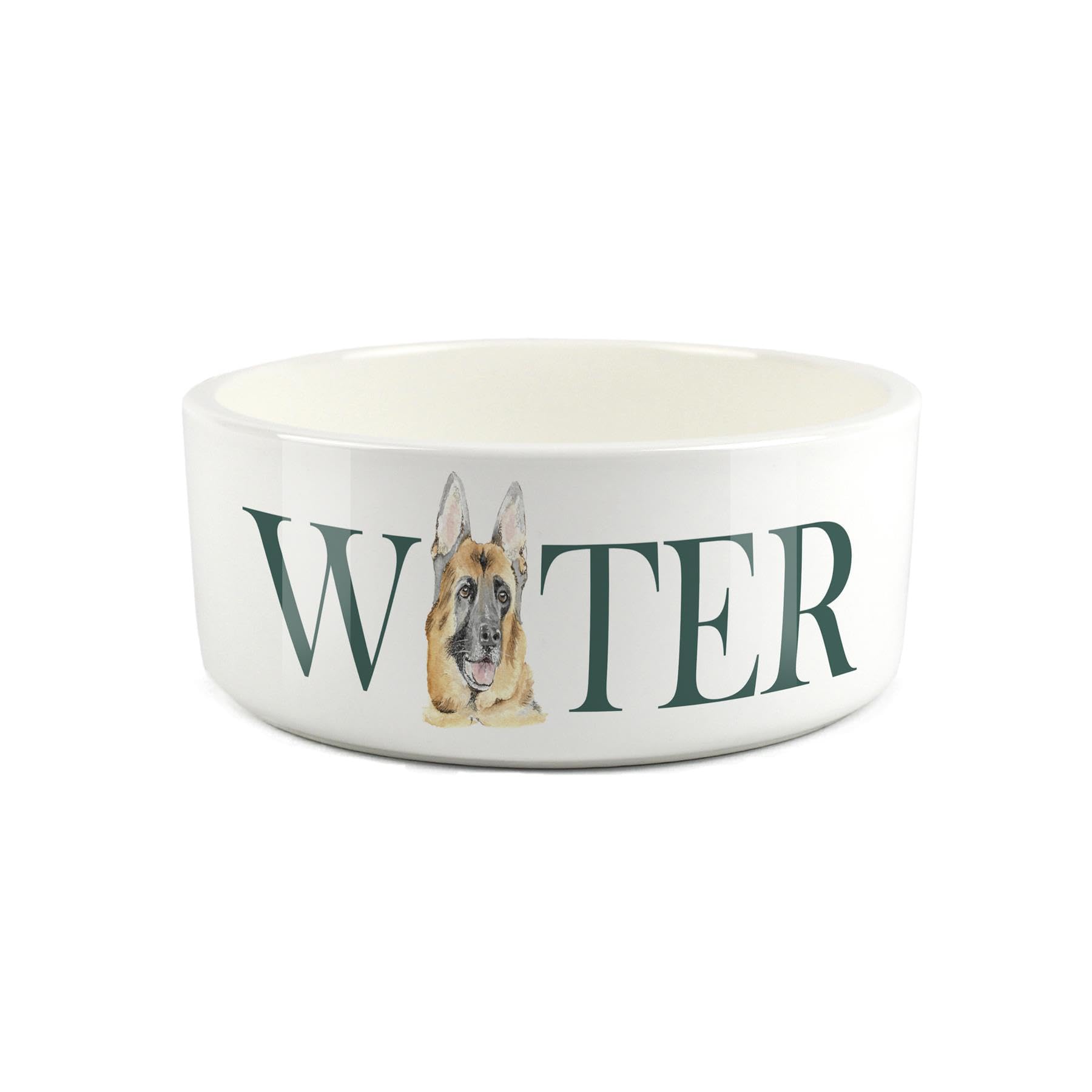 German Shepherd Pet Bowl - Alsatian Large Ceramic Water Bowl - White Water Dish For Dogs