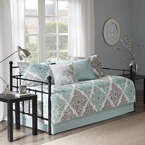 Madison Park Claire Daybed Size Quilt Bedding Set Aqua, Grey , Leaf