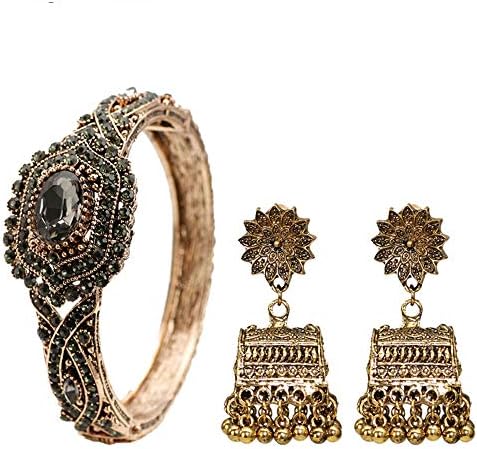 FRLISR Bracelet,Indian Vintage Jewelry Sets Women Wedding Bridal Dangle Earrings Cuff Bangle Antique Gold Color Bohemia
