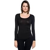 Basic Long Sleeve Solid Top Tee Shirt Stretch Tight Fit Scoop Neck Junior Women,Black,Small