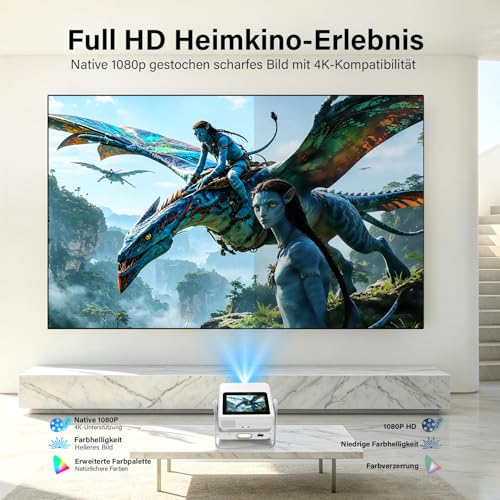 Proyector Inteligente Compatible 4K, Videoproyector Full HD 1080P con Pantalla Táctil, Doble Pantalla, 1200 ANSI, Enfoque Automático, WiFi 6 Bluetooth, 1000+ Apps, para Cine en Casa Dormitorio Camping