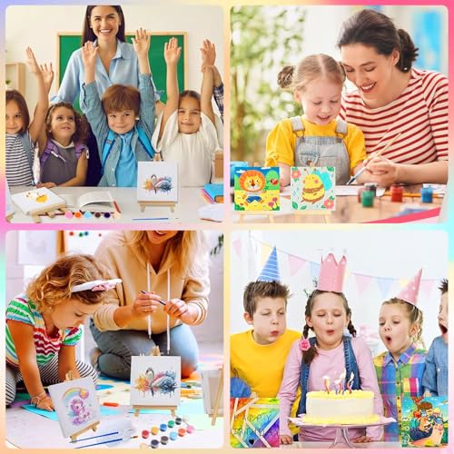 60 Pieces Mini Canvas Art Easel 12 Small Triangular Artist Easels with 12 Canvases, 12 Brushes and 12 Paint Palettes and 12 Watercolor for Fans and Artists