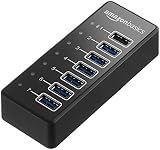 AmazonBasics USB-A 3.1 7-Port Hub with Power Adapter - 36W Powered (12V/3A), Black