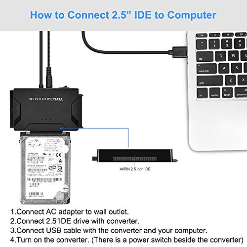 USB to SATA IDE HDD Adapter - USB 3.0 Cable to 2.5" 3.5" SATA IDE Hard Drive for Windows 10/8.1/8/ 7/Vista/XP, Mac OS, Support 5TB