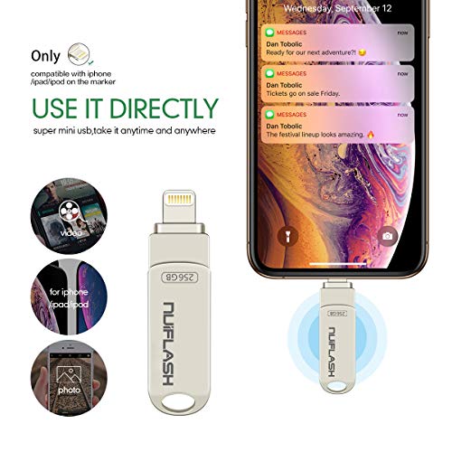 USB Flash Drive for iPhone 256GB Photo Stick Memory Stick USB 3.0 External Storage nuiflash Thumb Drive Compatiable with iPhone/iPad/Mac (256GB-silver)