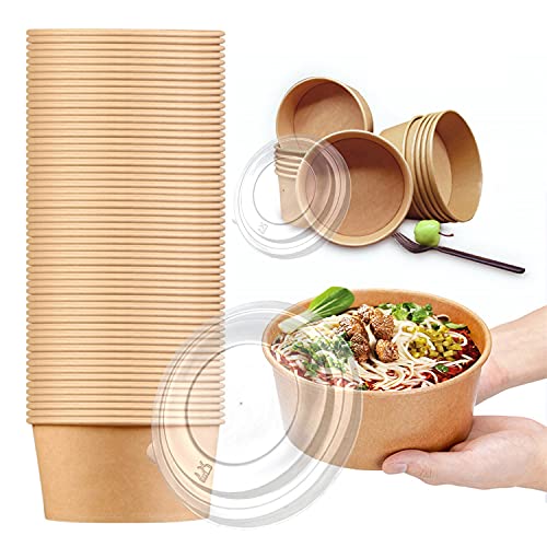 TOPtoper 50 Pack 25 Oz Large Paper Bowls with Lids, Disposable Soup