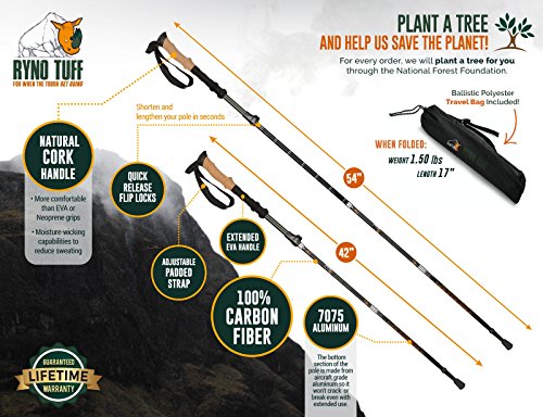 Ryno Tuff Trekking Poles, Durable 100% Carbon Fiber Hiking Pole With Natural Cork Handles and Extended EVA Grips, Ultralight, Expandable, Collapsible, Foldable - For Hiking, Walking, Skiing - Set of 2