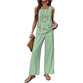DEPENSL Summer Two Piece Sets Women 2025 Boho Floral Going Out Outfit Sleeveless Tiered Tank Top Wide Leg Pant Suit