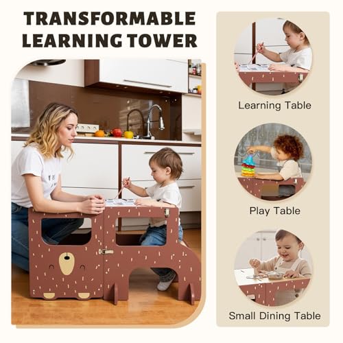 labebe Montessori Tower Kids Large Size Wooden Folding Montessori Tower 3 in 1 Multifunctional Montessori Tower with Blackboard Brown Bear