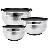 Fitzroy and Fox Stainless Steel Mixing Bowls with Lids and Non Slip Bases (Set of 3, Black)