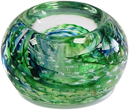 Irish Handmade Glass Tea Light Candle Holder by Jerpoint Glass Ireland. 4.5” x 3” Heavy Decorative Hand-Blown Glass (Green Seascape)