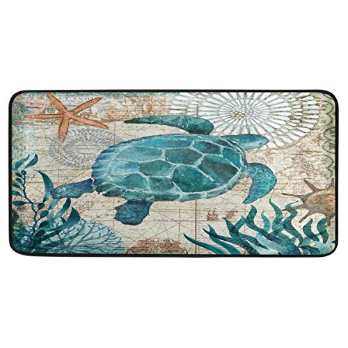 Sea Turtle Retro Map Kitchen Rugs Mat Nautical Ocean Coastal Bathroom