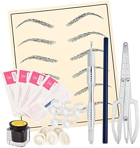 Pro Eyebrow Tattoo Needle Manual Pen Pencil Microblading 3D Permanent Makeup Supplies Kit Stainless Steel Caliper, Practice Skin, Finger Coat, Tint Pigments Ink, Ink Holder Cups Set