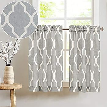 Grey Moroccan Tile Print Tier Curtains for Kitchen Lattice Cafe Curtains 24 inches Long Short Kitchen Window Curtain Sets for Bathroom 1 Pair