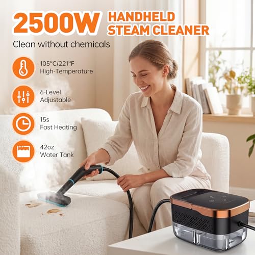 Steam Cleaner, Portable Handheld Steamer for Cleaning with 17pcs Accessories, 6-Level Adjustable & 15s Heat-Up, High Pressure Steam Cleaner for Kitchen, Floor, Tile, Dirt, Grout, Grease, Car Detailing