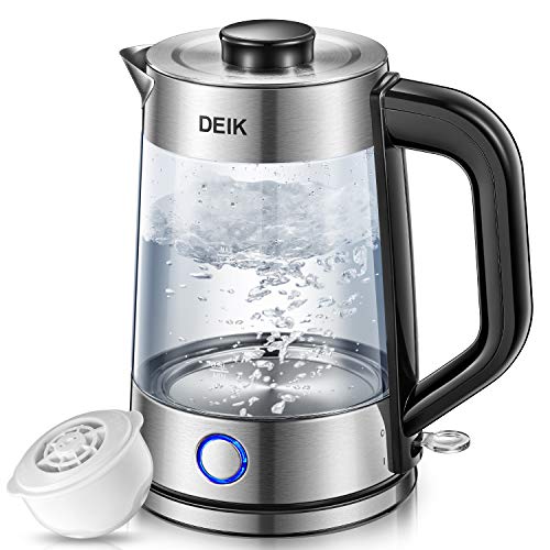 Kettle Deik Glass Electric Kettle with Aqua Optima Water Filters BPA-Free, 3000W Rapid Boil Cordless Kettle withIlluminated LED, Glass Kettle with Boil Dry Protection & Auto Shut Off, 1.5L