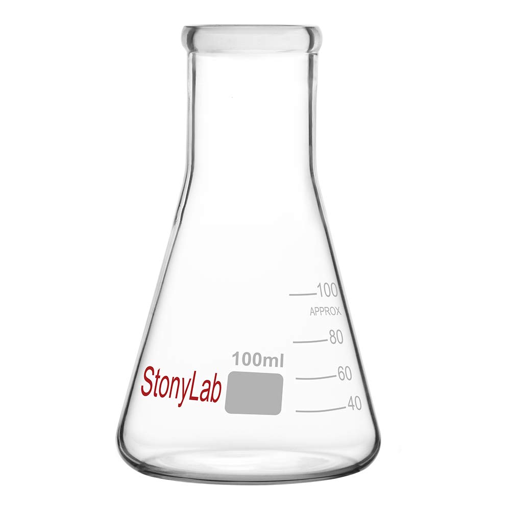 stonylab 1-Pack Glass 100ml Heavy Wall Narrow Mouth Erlenmeyer Flasks with Heavy Duty Rim (100ml Fits with StonyLab 5# Rubber Stopper)