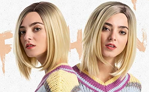 Blonde Brown Roots Straight Hair Wigs Short Bob Wigs Heat Resistant Synthetic Hair Replacement Wig For Women with Free Wig Cap (Blonde)