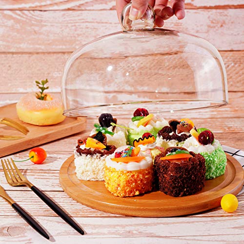 Round bamboo base serving tray with dome glass lid for Salad cheese bread cake snacks storage platter