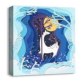 Canvas Wall Art Snow Deer Merry Christmas Painting Artwork for Home Prints Framed - 12x12 inches