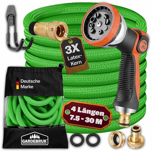 GARDEBRUK® Flexibler Gartenschlauch 15m 3fach Latexkern Vollmessing Adapter 1/2' 3/4' Zoll Wandhalterung Tasche Flexschlauch Wasserschlauch Grün