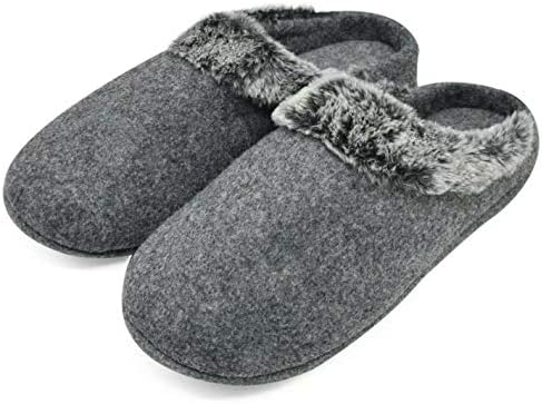 Mens Felt Slippers Warm Fuzzy Faux Fur Scuff Slipper Fuzzy Plush Indoor House Slip on Shoes Non Slip Rubber Sole