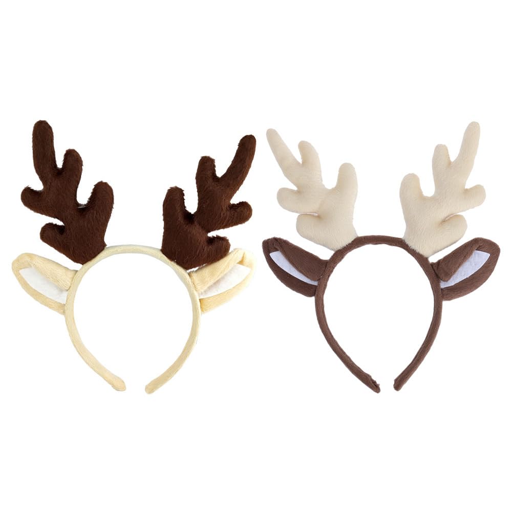 Amosfun 2pcs Christmas Reindeer Headband, Soft Plush Deer Antlers Headwear, Unisex Reindeer Hiarhoop Holiday Phtoto Props, Christmas Party Supplies
