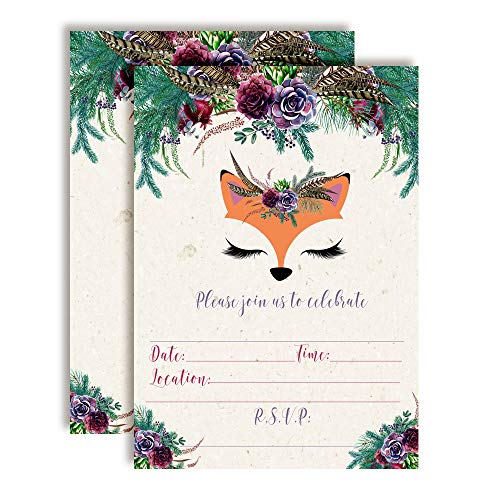 Woodland Forest Fox Face Floral with Greenery Birthday Party Invitations, 20 5