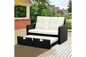 SENYUN Wicker Patio Loveseat Sofa, 2 Pcs Outdoor PE Rattan Convertible Loveseat Couch with Waterproof Thick Cushion, Easy Assemble Black Wicker Furniture Sofa for Lawn Pool Garden Backyard