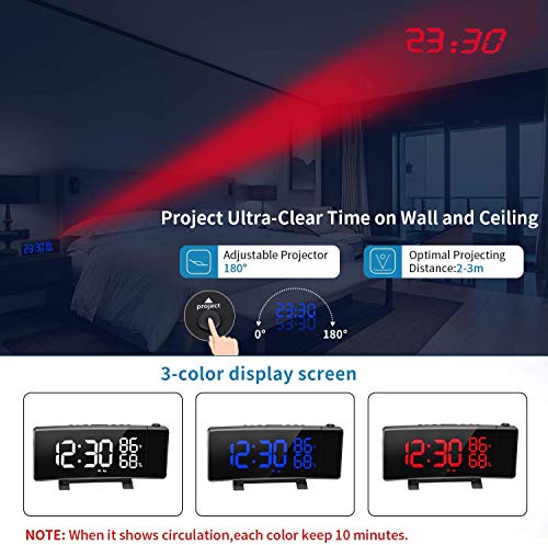 PEMOTech Projection Alarm Clocks for Bedrooms,ã€Temperature & Humidity Displayã€‘ 7'' Large Curved LED Display,180Â° Rotation,FM Radio Digital Alarm Clock Projection on Ceiling with 2 USB Phone Charger