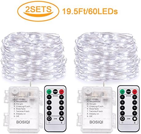 2Sets Fairy String Lights Battery Operated, Waterproof 8 Modes Twinkling,60 LED String ligths,19.5 Feet Fairy String Lights Remote Control for Bedroom Wedding Party Festival Decor (Daylight White)