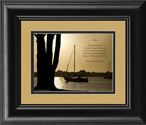 Framed Personalized Appreciation Retirement Gift for Coworker or Employee. Boat At Dusk Photo with "You Will Be Missed, But You Will Never Be Retired From Our Hearts." Poem, 8x10 Double Matted.