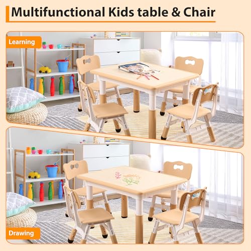Garvee Kids Table and 4 Chairs Set, 5-Piece Height Adjustable Toddler Table with Graffiti Wipe-Clean Desktop, Non-Slip Legs & Storage Organizer, Preschool Activity Desk for Ages 2-6