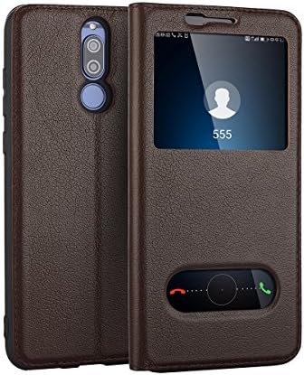 ERLI Huawei Mate 10 Lite Case, Cowhide [GENUINE LEATHER] + Ultraslim Flip Cover Case [Dual Smart Window View] + Magnetic Closure (Brown)