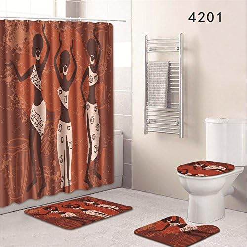 Oyeahbridal Set of 4 African Ancient Egyptian Psychedelic Shower Curtain and Bath Mat Set,African Dance and Tambourine Decor Waterproof Non-slip Bathroom Curtain and Rug Set with Hooks(Multi 3)