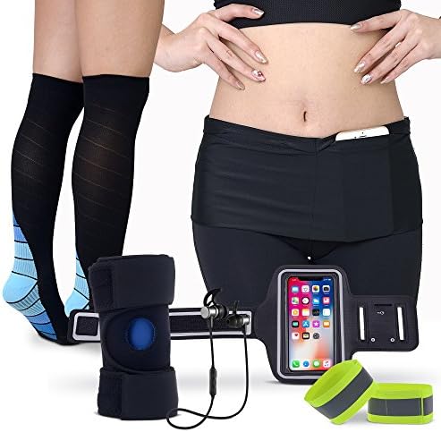 Divinio Ultimate Running Gear - All-in-One Pack for Joggers, Sports Enthusiasts with Bluetooth Headphones, Compression Socks, Knee Brace, Running Belt, Armband Phone Holder, Reflective Wrist Bands …