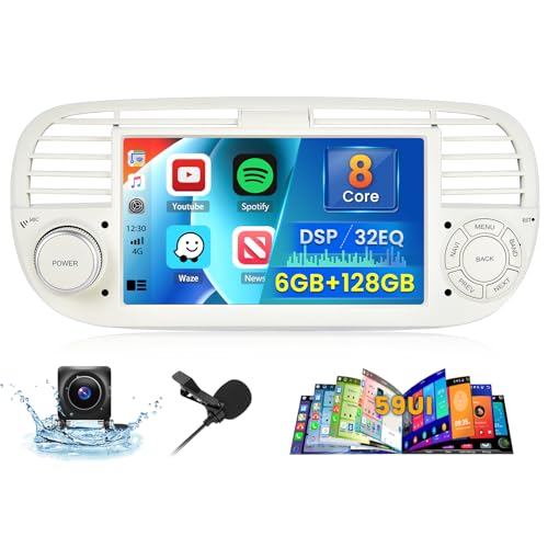 [6G+128G] Inefala Android 15 Car Radio for Fiat 500 2007-2015 with Wireless Carplay Android, 7 Inch Touchscreen Radio with GPS Navigation WiFi RDS/FM Bluetooth EQ SWC Rearview Camera Mic (White)