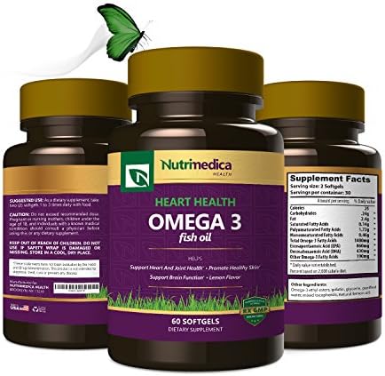 Omega 3 Fish Oil Dietary Supplement, High in EPA and DHA, Lemon Flavored Softgels, FDA and GMP Approved, 60 Count - by Nutrimedica
