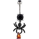 Pierced Owl 14GA Stainless Steel Black CZ Crystal Spider with Dangling Gem Belly Button Ring