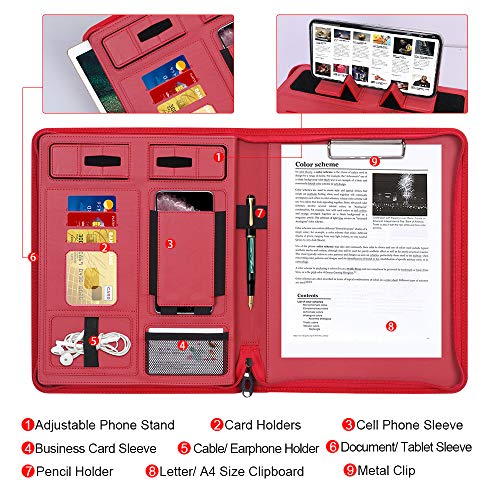 Portfolio Padfolio Case, Skycase Business Portfolio Folder, Zippered Conference Folder Document Organizer with Letter Size Clipboard, Document/Tablet Sleeve (Up to 12.9'' Tablet) and Card Holders Red